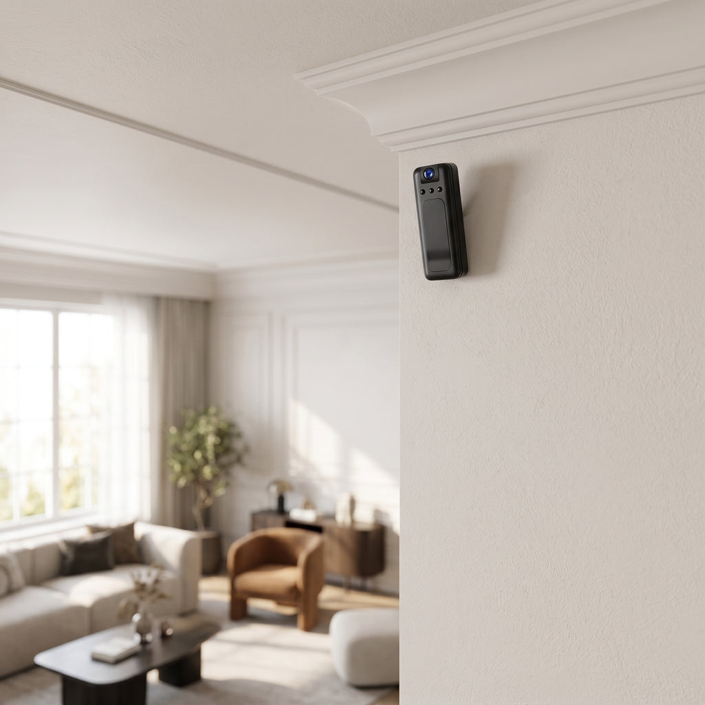 Discreet mini security camera mounted on a ceiling corner of a stylish room, highlighting its small size and unobtrusive appearance.