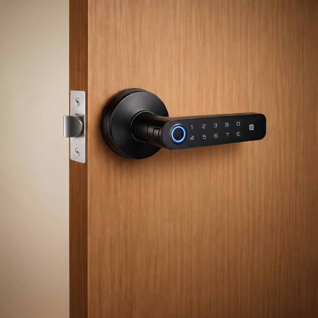 Close-up of fingerprint smart door lock highlighting fingerprint scanner, keypad, and durable modern design.