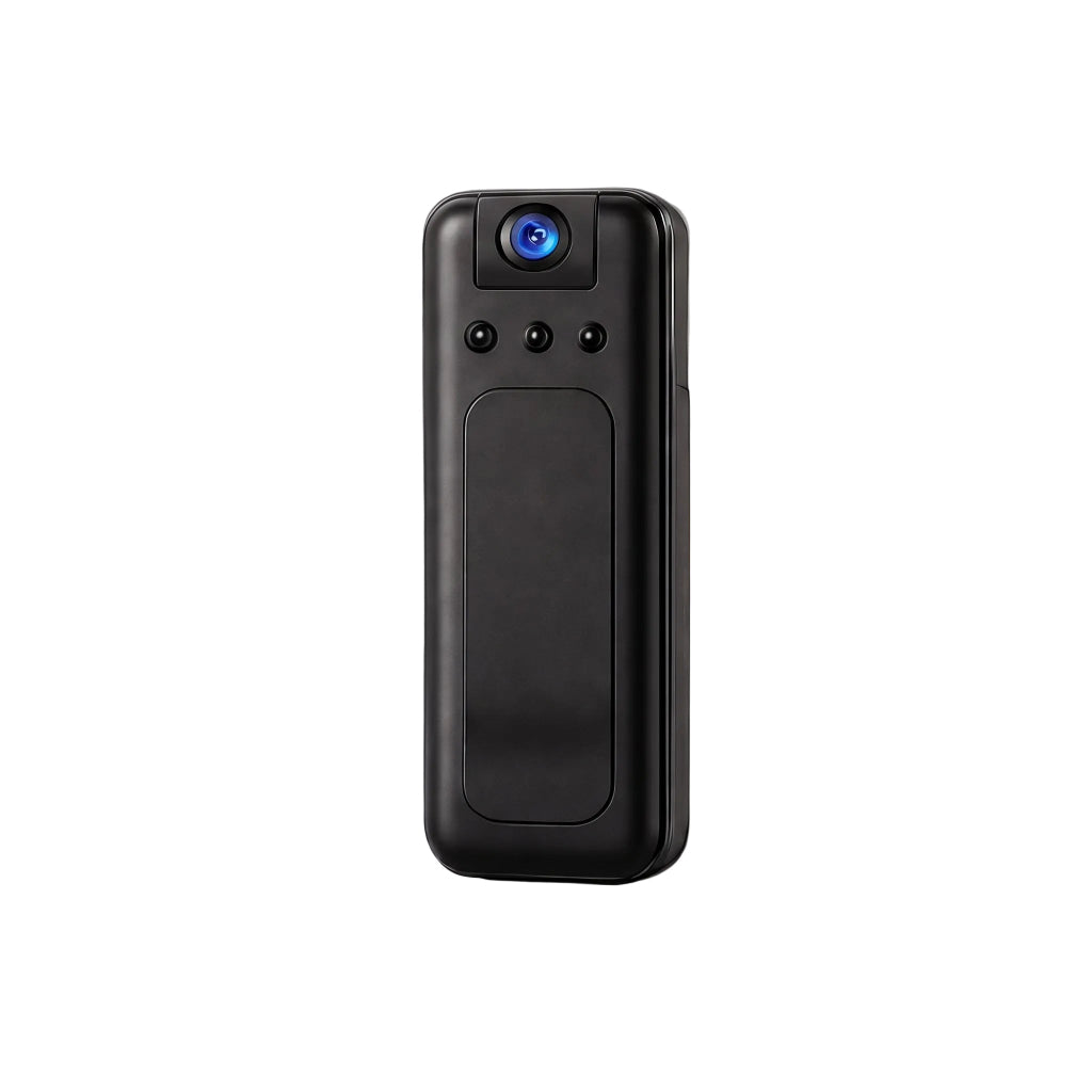 Close-up of a mini hidden security camera showing its discreet, compact design with matte black finish against a neutral background.