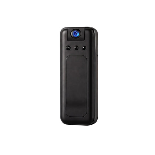 Close-up of a mini hidden security camera showing its discreet, compact design with matte black finish against a neutral background.
