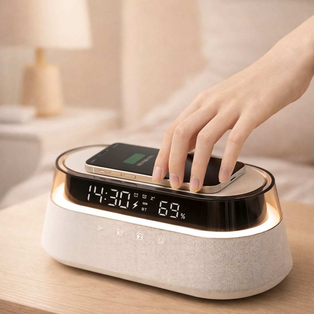 Smart Alarm Clock with Wireless Charging & Bluetooth Speaker