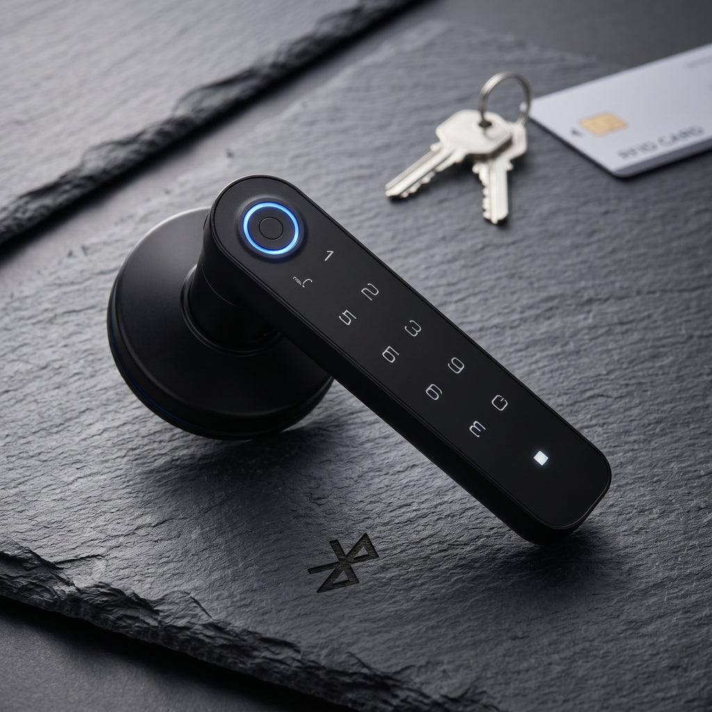 Artistic flat lay of smart door lock parts with keys and Bluetooth icons on textured surface.