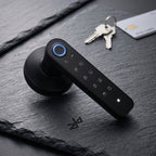 Artistic flat lay of smart door lock parts with keys and Bluetooth icons on textured surface.