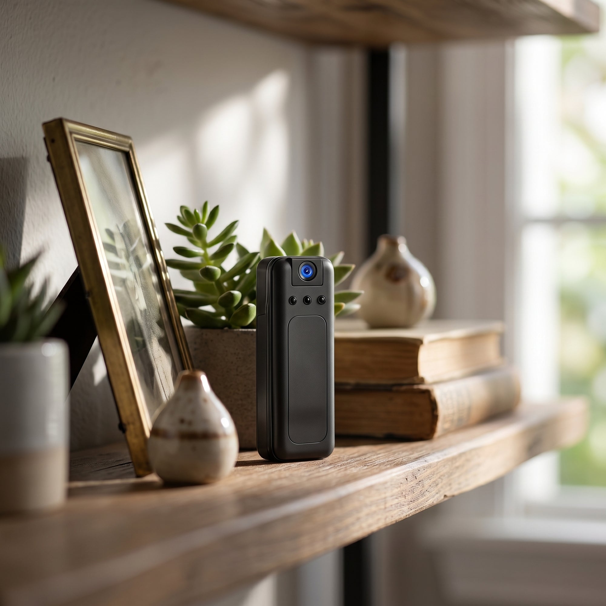 Artistic view of a tiny security camera hidden among decorative items like a plant and picture frame with soft front lighting.