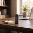 Tiny hidden security camera placed on a modern desk, blending seamlessly into a home office environment with natural lighting, emphasizing portability.