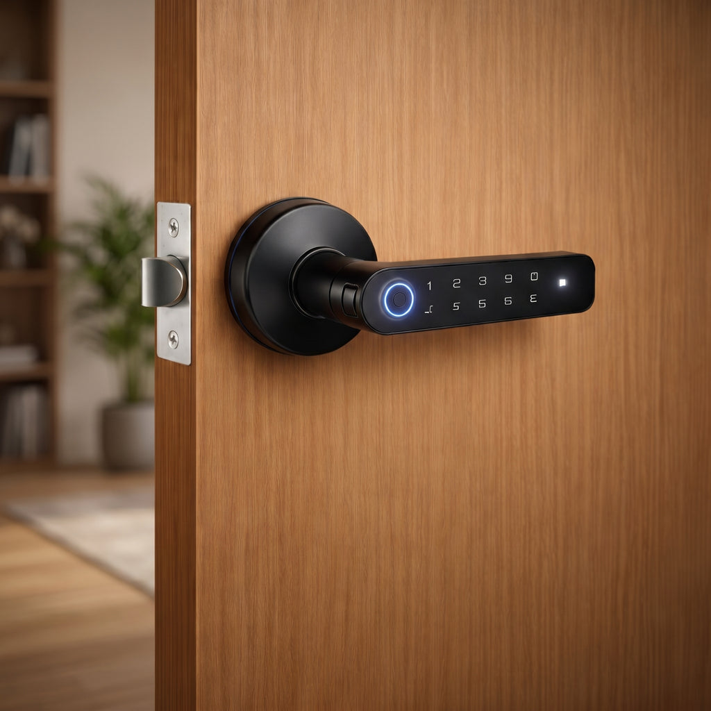 Full-body view of smart door lock on wooden door, demonstrating sleek integration and water-resistant features.