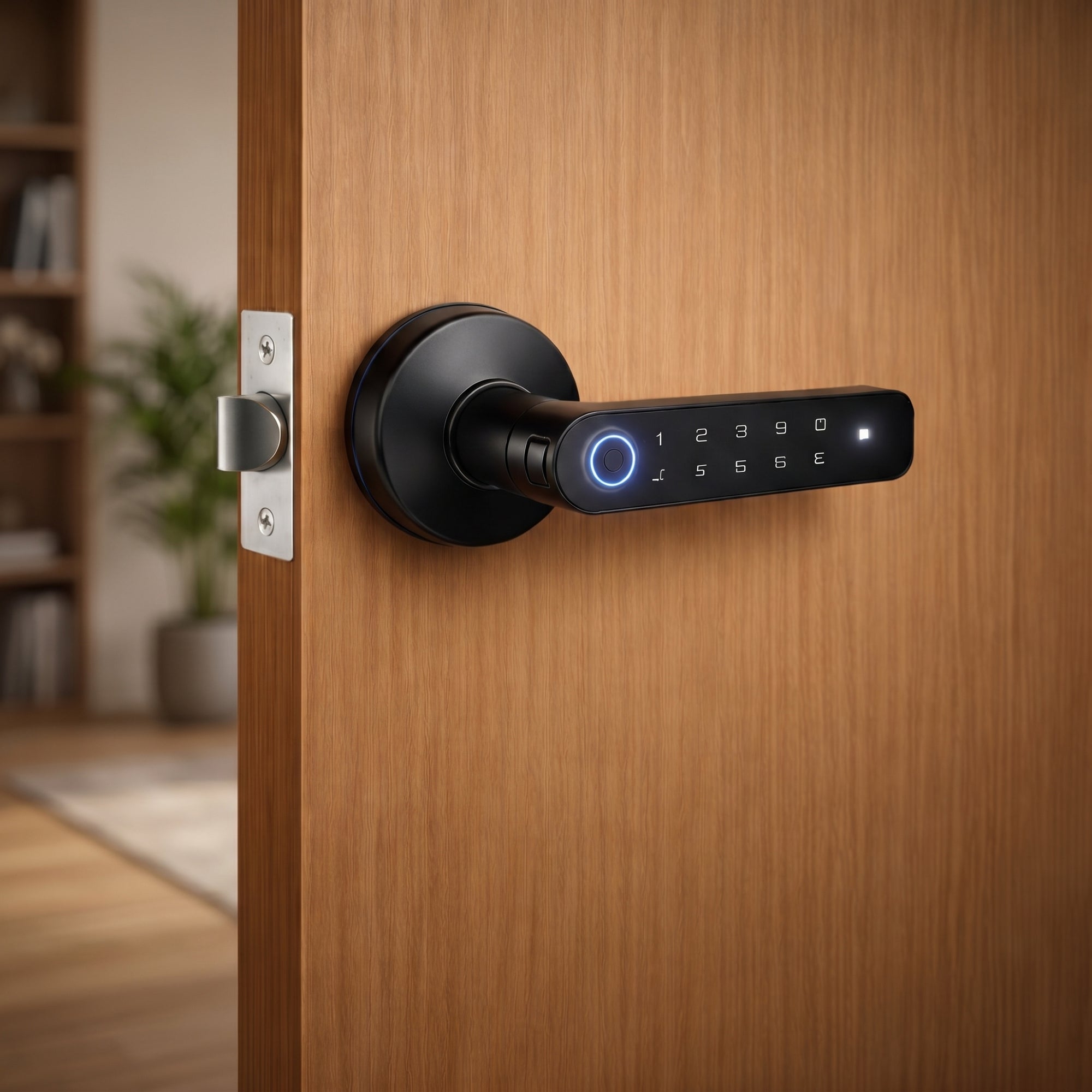 Full-body view of smart door lock on wooden door, demonstrating sleek integration and water-resistant features.